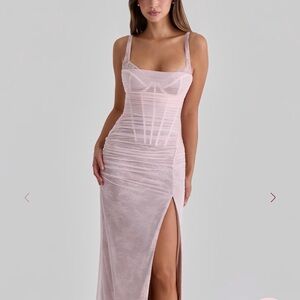 House of CB Pale Pink Lace Ruched Slip Gown with Thigh Slit BRAND NEW NEVER WORN